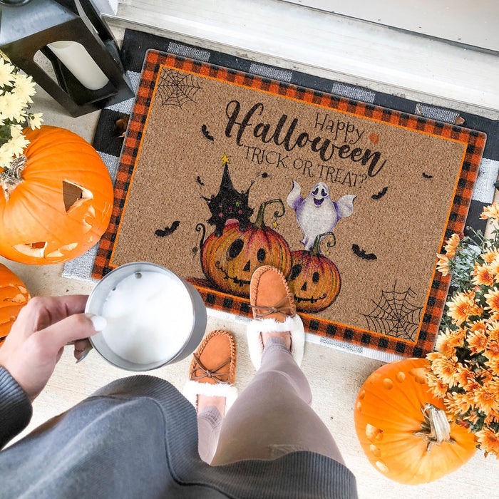 Welcome Doormat Happy Halloween Trick Or Treat Funny Pumpkin With Ghost & Black Cat Printed Plaid Design Funny Doormat