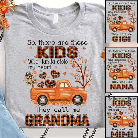 Personalized T-Shirt For Grandma Stole My Heart Autumn Leaf & Truck Print Plaid Design Custom Grandkid's Name