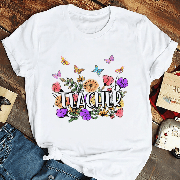 Personalized T-Shirt For Teachers Colorful Flowers Design Custom Job Title Back To School 2022 Outfit