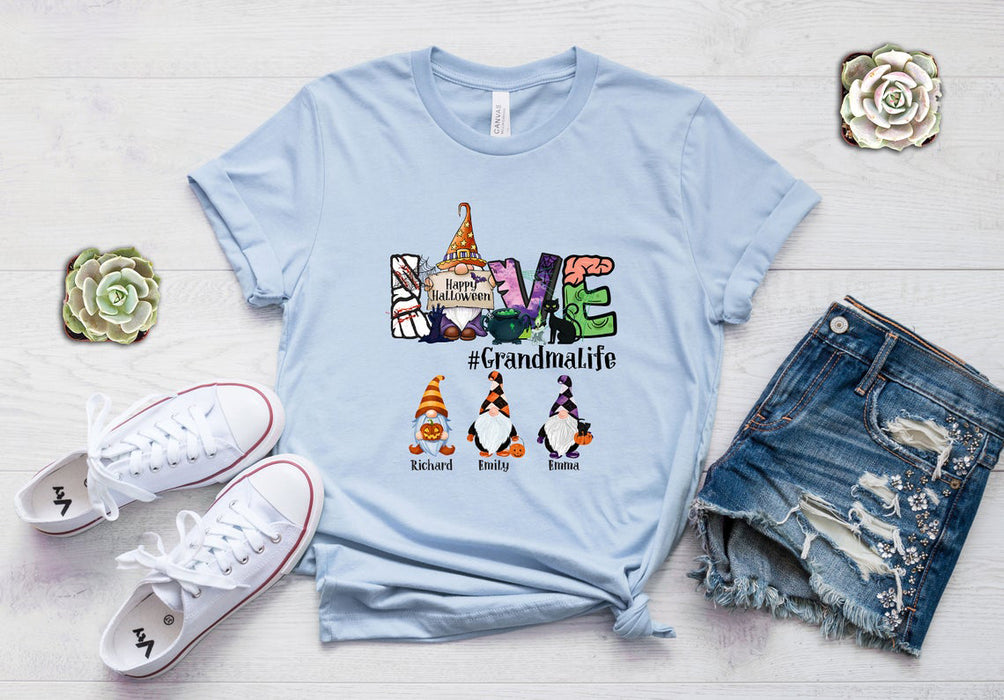 Personalized T-Shirt Love Hashtag Grandma Life Cute Gnome With Black Cat & Pumpkin Printed Custom Grandkids Name