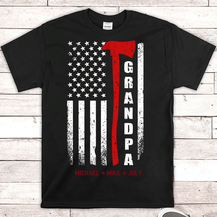 Personalized T-Shirt For Grandpa Vintage USA Flag Design Axe Print Custom Grandkids Name 4th July Day Shirt