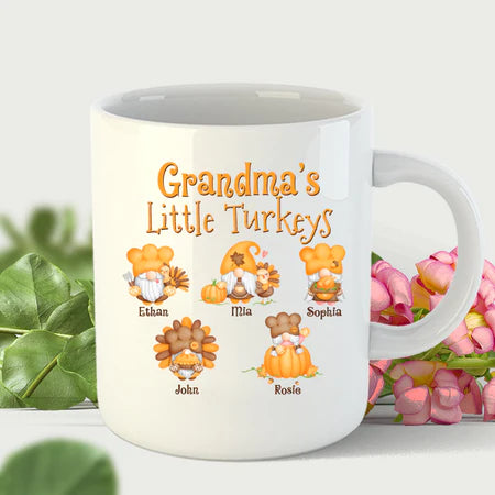 Personalized Coffee Mug Gifts For Grandma Nana's Little Funny Turkeys Custom Grandkids Name Thanksgiving White Cup