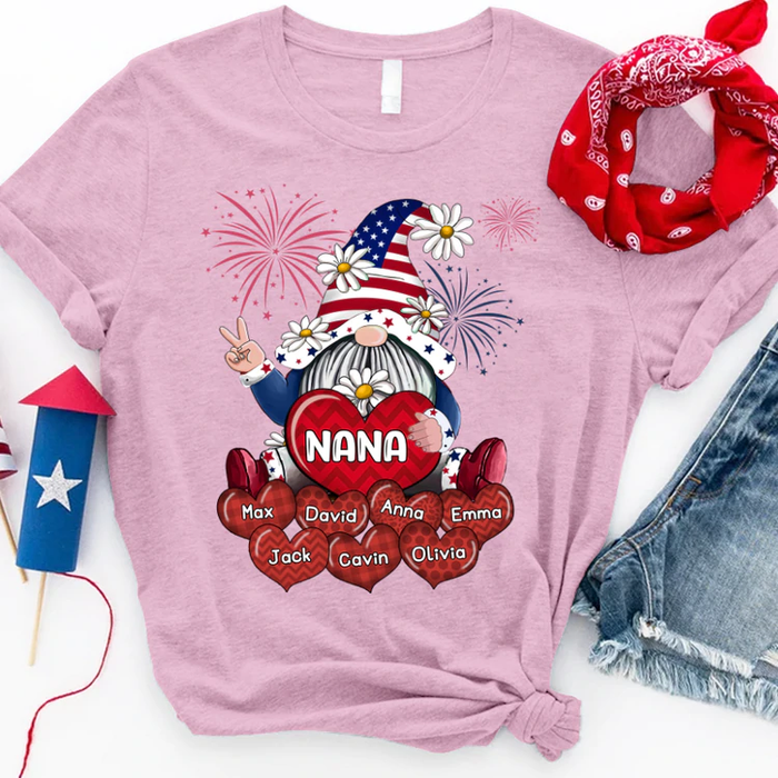 Personalized Patriotic T-Shirt For Grandma Gnome & Hearts Print USA Flag Design Custom Name 4th Of July Shirt