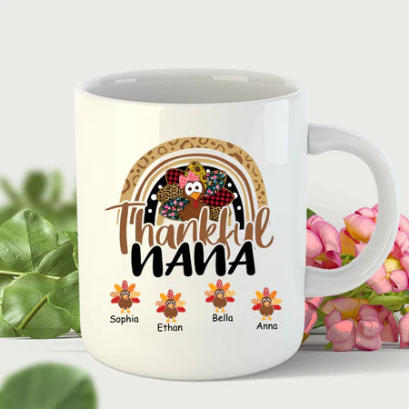 Personalized Coffee Mug Gifts For Grandma Thankful Nana With Grandkids Turkey Custom Grandkids Name Birthday White Cup