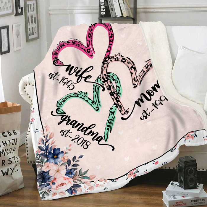 Personalized Blanket Wife Mom Grandma Est. Year Flower Leopard Heart Design Custom Name And Year Premium Blanket