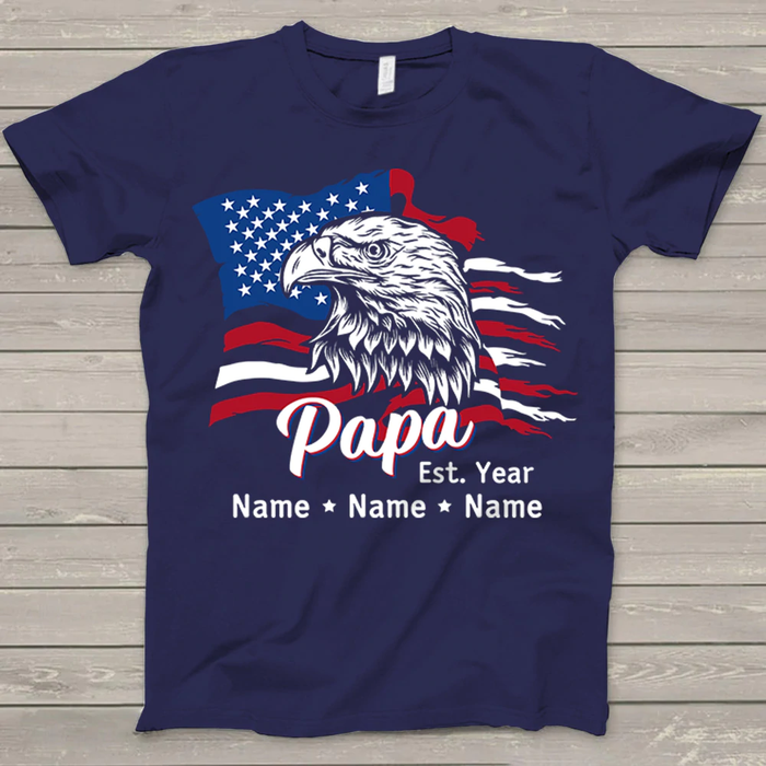 Personalized T-Shirt For Grandpa Vintage USA Flag Printed Eagle Design Custom Grandkids Name 4th July Day Shirt