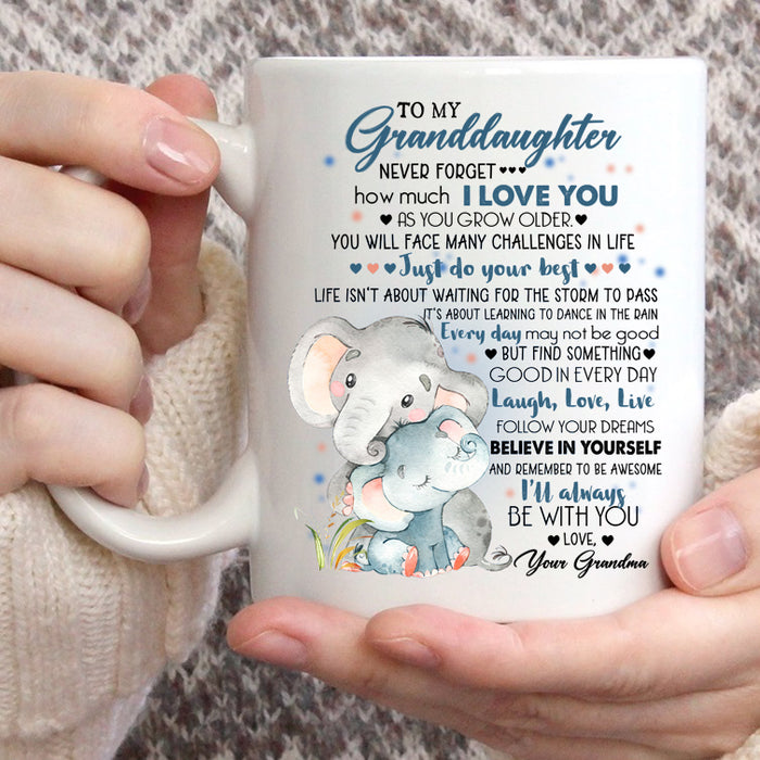 Personalized Ceramic Coffee Mug For Granddaughter Cute Old & Baby Elephant Print Custom Name 11 15oz Cup
