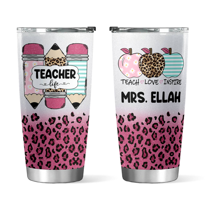 Personalized Tumbler For Teacher Leopard Pencil Apple Teach Love Inspire Custom Name Travel Cup Gifts For Back To School