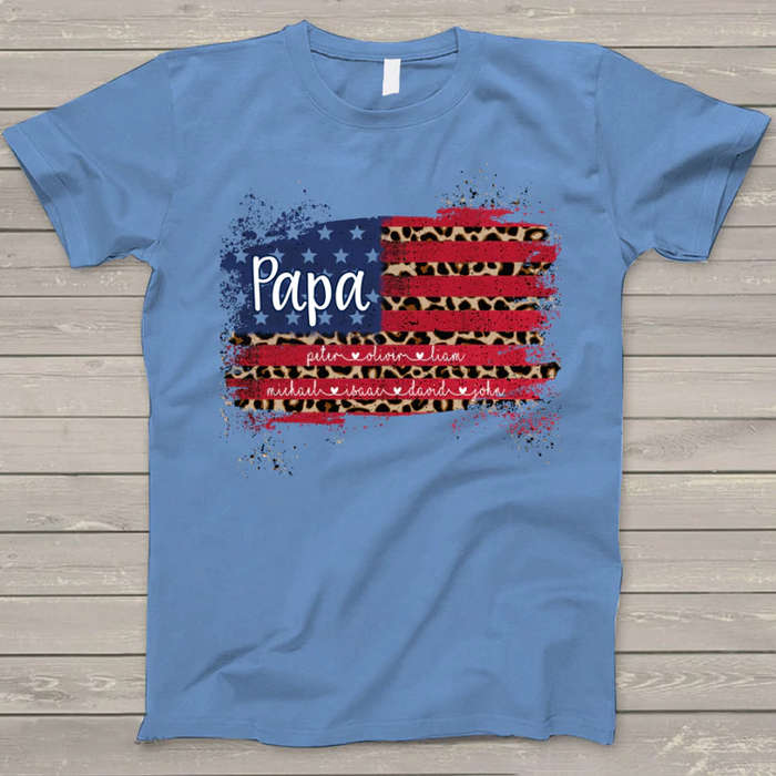 Personalized T-Shirt For Grandpa Papa Leopard USA Flag Design Custom Grandkids Name Independence Day Shirt