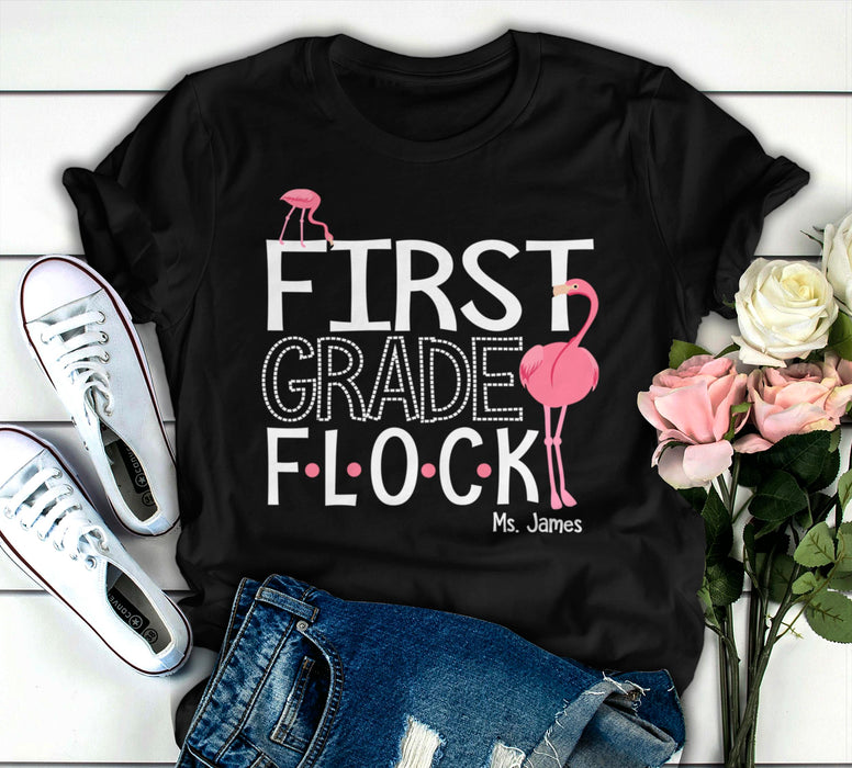 Personalized T-Shirt For Teacher First Grade Flock Pink Flamingo Printed Custom Name Back To School Outfit