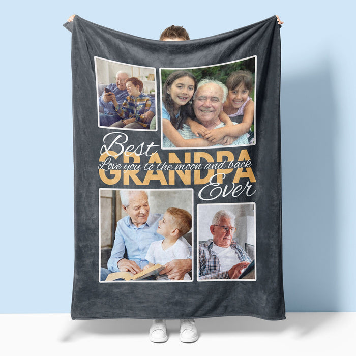 Personalized Blanket Gifts For Grandpa From Grandchildren Love You To Moon & Back Funny Custom Photo Collage For Xmas