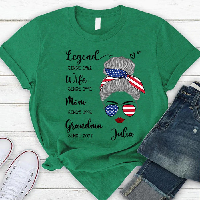 Personalized T-Shirt Legend Wife Mom Grandma Sunglasses Print USA Flag Design Custom Grandkids Name 4th Of July Shirt