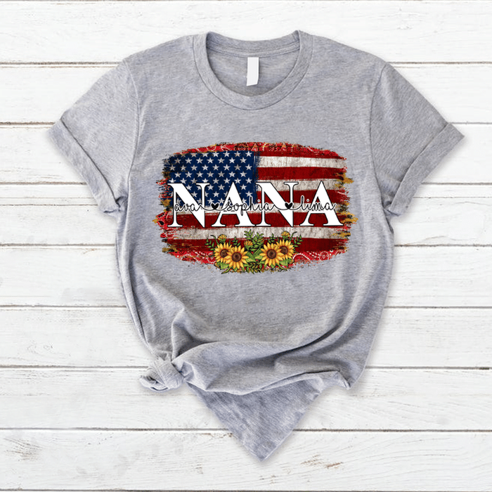 Personalized T-Shirt For Grandma USA Flag And Sunflower Design Printed Custom Grandkids Name 4th Of July Shirt