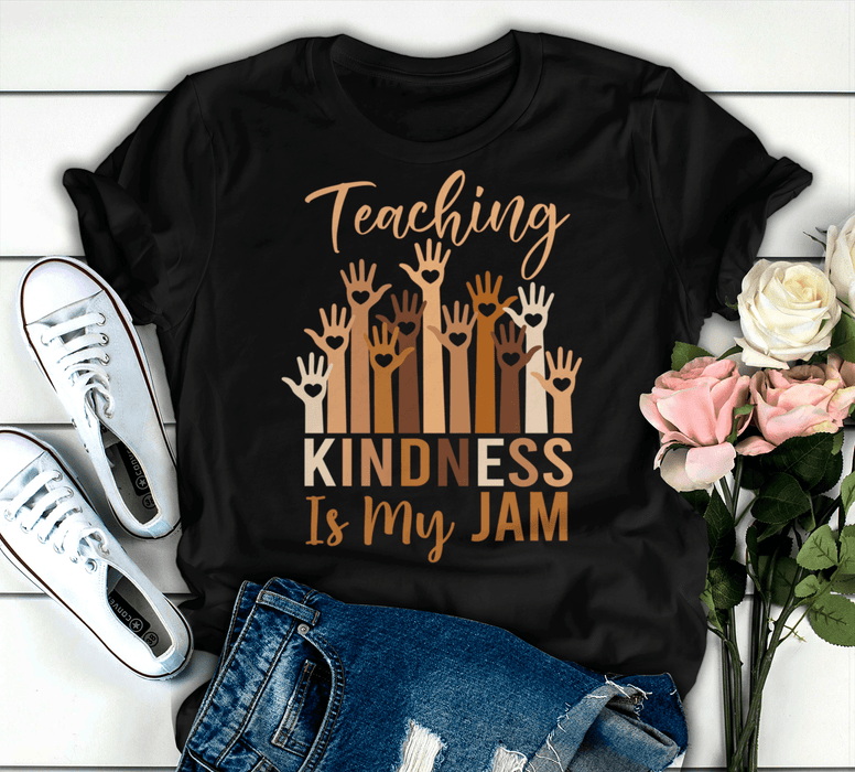 Classic T-Shirt For Teachers Teaching Kindness Colorful Raised Hand Design Custom Name Back To School Outfit