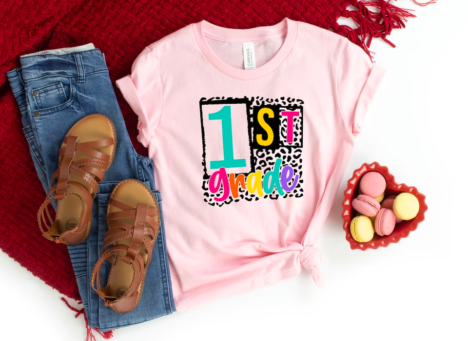 Personalized T-Shirt For Kid 1st Grade Colorful Leopard Design Custom Grade Level Back To School Outfit