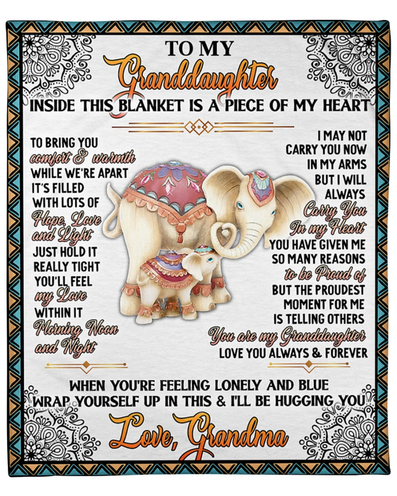 Personalized To My Granddaughter Blanket From Grandma Inside This Blanket Is A Piece Of My Heart Cute Elephant Printed