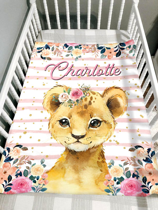 Personalized Baby Blanket For Daughter Cute Lion & Soft Pink Blush Flower Printed Custom Name Baby Reveal Blanket