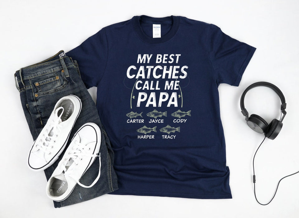 Personalized T-Shirt For Fishing Lovers Grandpa My Best Catches Call Me Papa Cute Fish Printed Custom Grandkids Name