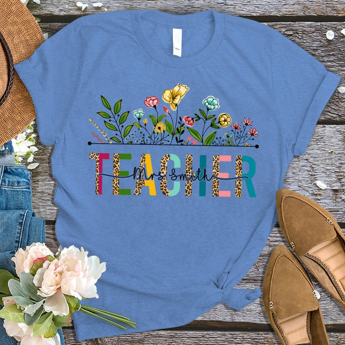 Personalized T-Shirt For Teacher Appreciation Monogram Leopard Design Flower Custom Name Shirt Gifts For Back To School