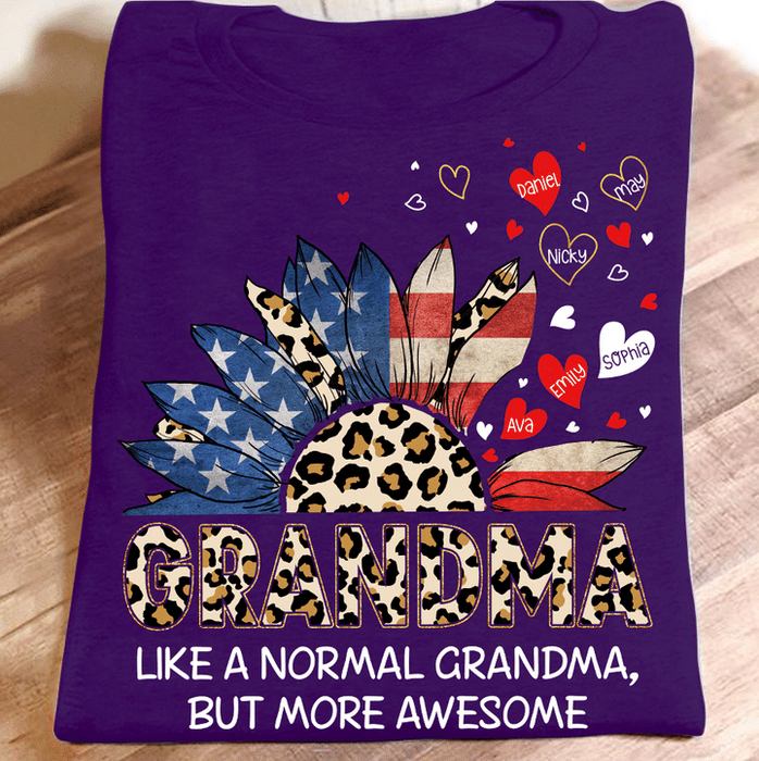 Personalized T-Shirt For Grandma USA Flag With Sunflower & Leopard Design Custom Grandkids Name 4th July Day Shirt