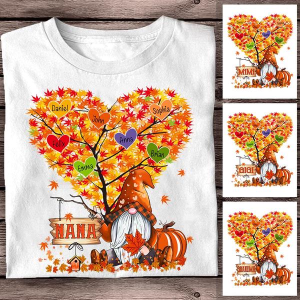 Personalized T-Shirt For Grandma Nana Gnome With Pumpkin And Heart Tree Maple Leaves Printed Plaid Design Fall Shirt