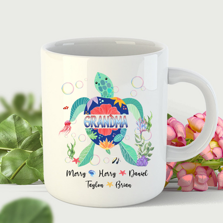 Personalized Ceramic Coffee Mug For Grandma Turtle Print Ocean Design Custom Grandkids Name 11 15oz Summer Cup