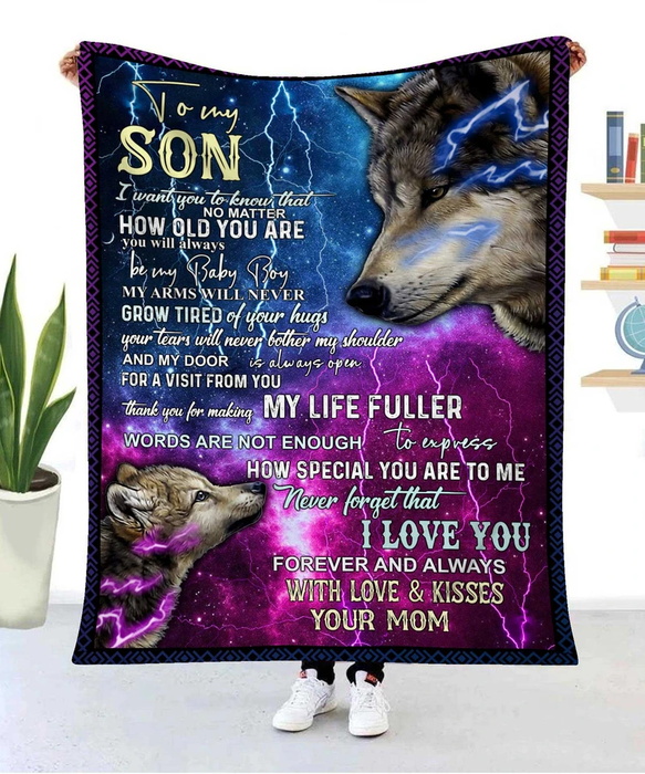 Personalized To My Son Blanket From Mom No Matter How Old You Are Galaxy Lighting Background Print Old Wolf & Baby Wolf