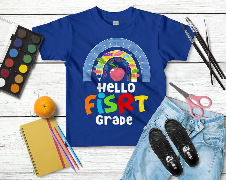 Personalized T-Shirt For Kids Hello First Grade Rainbow Apple Printed Custom Grade Level Back To School Outfit