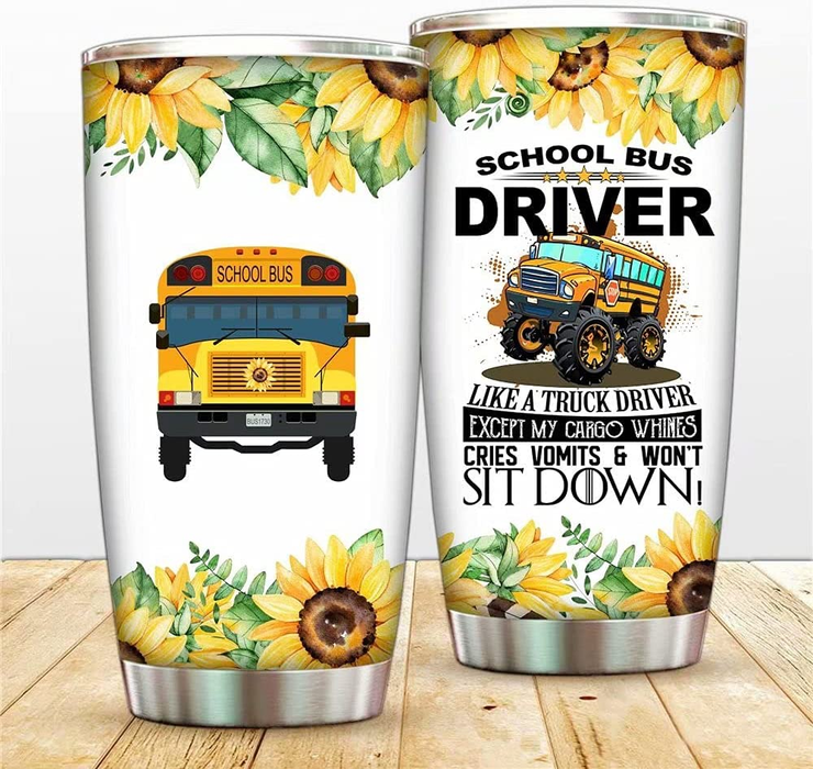 Funny Tumbler For School Bus Driver Sunflower Custom Name Travel Cup 20oz Gifts For Back To School Thank You Bus Driver