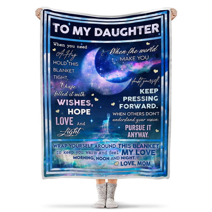 Personalized Throw Fleece Blanket To My Daughter From Mom Keep Pressing Forward Deer Hunting Moon Aurora Blanket