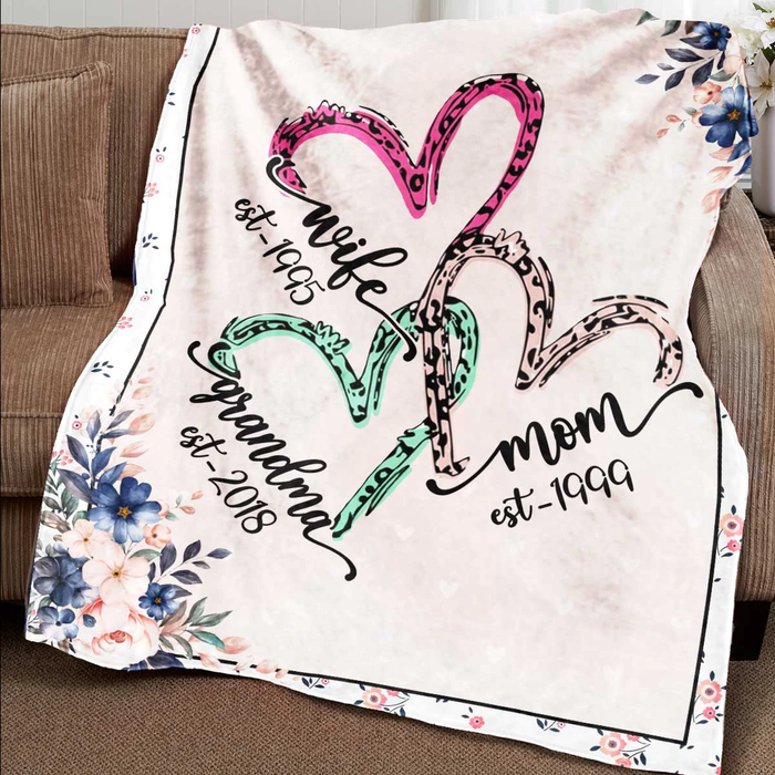 Personalized Blanket Wife Mom Grandma Est. Year Flower Leopard Heart Design Custom Name And Year Premium Blanket