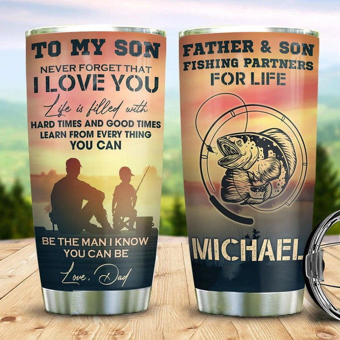 Personalized To My Son Tumbler From Dad Mom Fishing Lover Sunset Reel Custom Name Travel Cup Gifts For Graduation