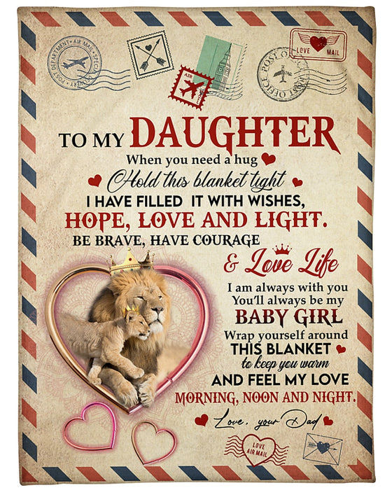 Personalized Blanket To My Daughter From Dad Old & Baby Lion With Crown Print Airmail Rustic Design Custom Name