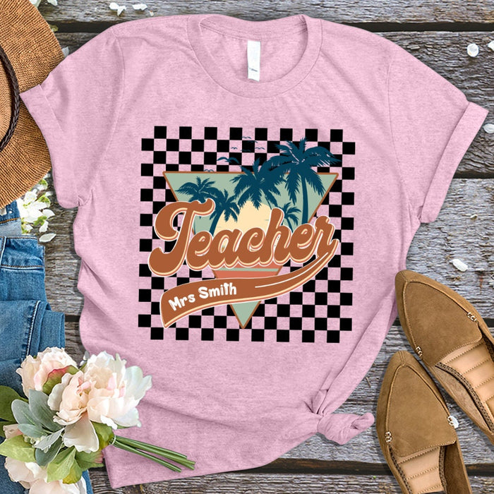 Personalized T-Shirt For Teacher Appreciation Retro Vintage Checkered Pattern Custom Name Shirt Gifts For Back To School
