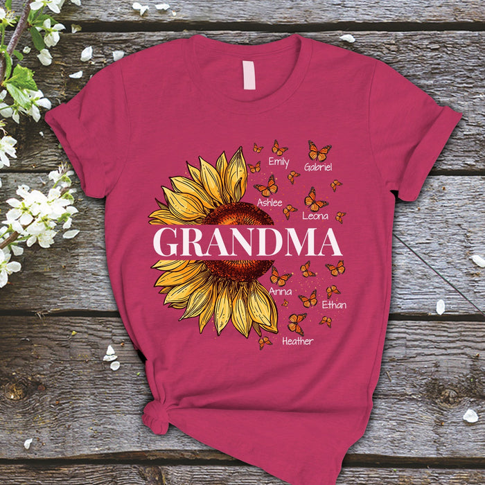 Personalized T-Shirt For Grandma Sunflower Butterfly Art Printed Custom Grandkids Name Shirt