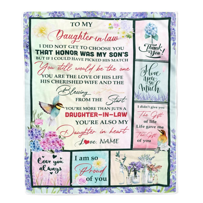 Personalized Fleece Blanket To My Daughter In Law Rustic Hydrangea & Hummingbird Design Print Custom Name Throw