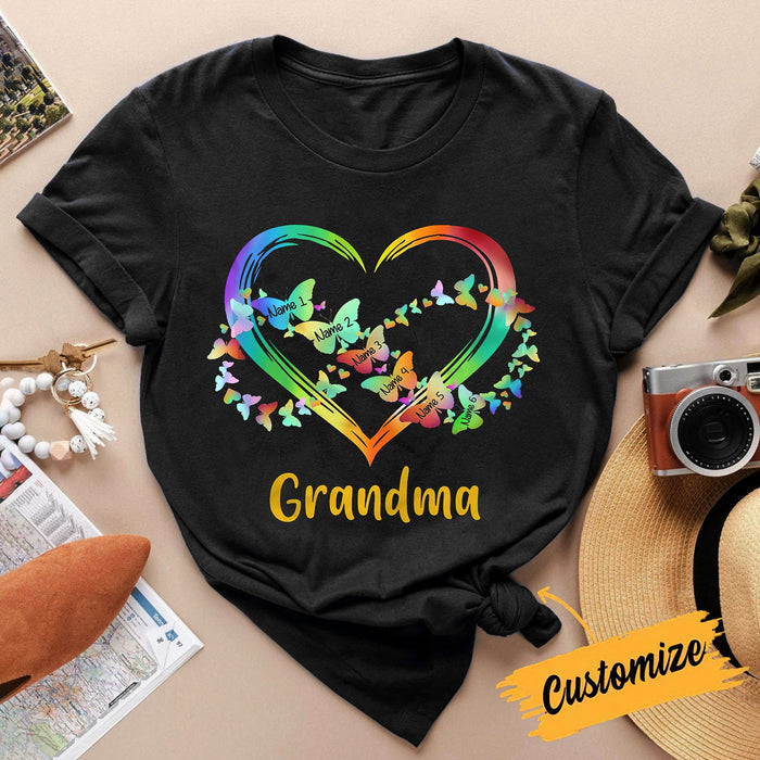 Personalized T-Shirt For Grandma Tie Dye Heart & Infinity Symbol With Butterfly Printed Custom Grandkids Name