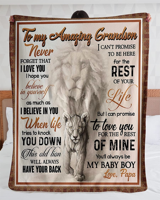 Personalized To My Grandson Blanket From Grandpa Never Forget That I Love You Old Lion & Baby Lion Printed