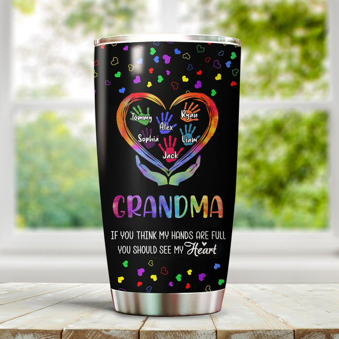 Personalized Tumbler Gifts For Grandmother Hands Printed Colorful Heart Custom Grandkids Name Travel Cup For Birthday
