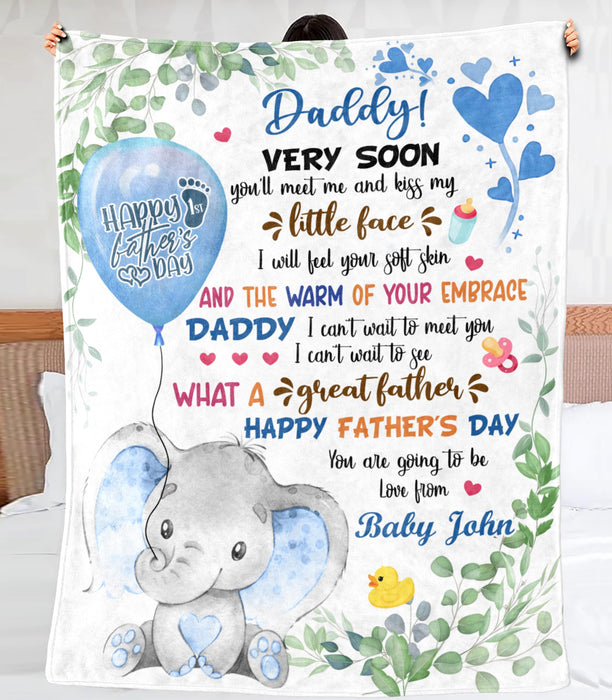 Personalized Blanket To My Dad From Baby Bump Happy First Father's Day Cute Cartoon Baby Elephant Print Custom Name