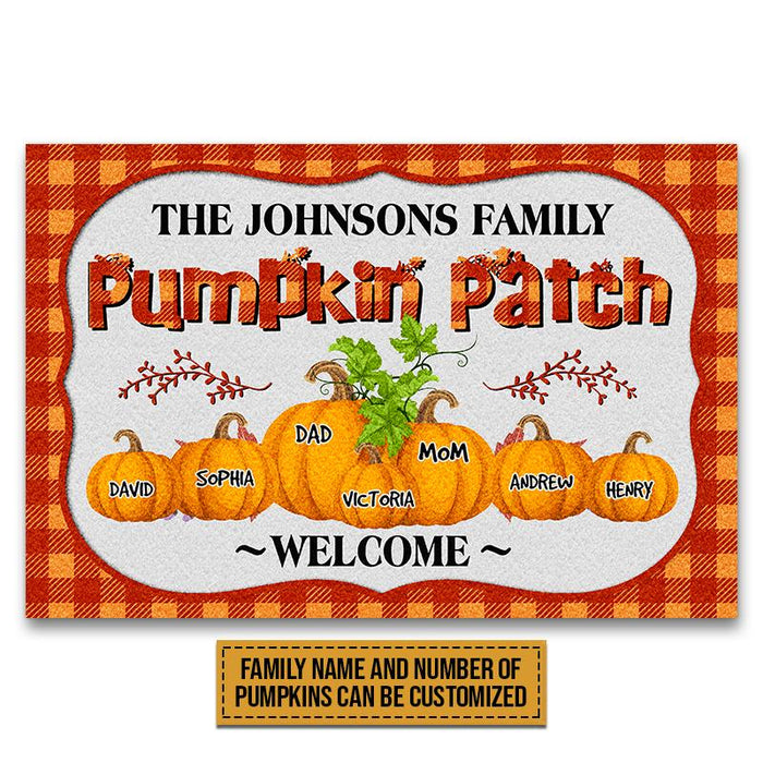 Personalized Welcome Doormat For Fall Lovers Pumpkin Patch Pumpkins Printed Plaid Design Custom Family Name & Member