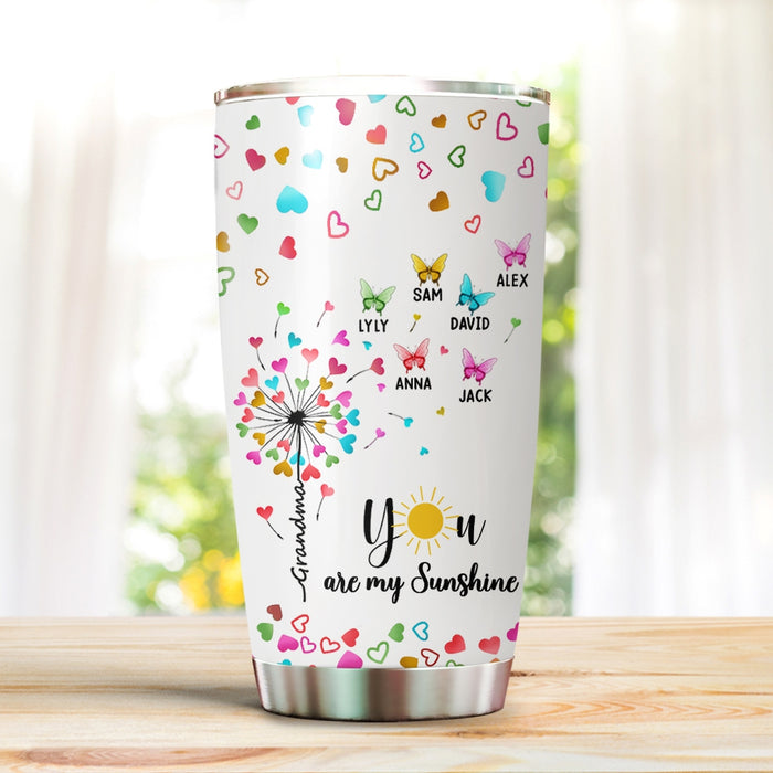 Personalized Tumbler For Grandma Dandelion Colorful Butterflies Sunshine Custom Grandkids Name Travel Cup Birthday Gifts