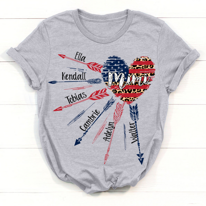 Personalized T-Shirt For Grandma Mimi Heart USA Flag Leopard Design Arrow Printed Custom Grandkids Name