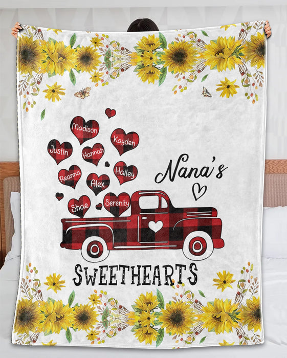 Personalized Blanket For Grandma Nana'S Sweethearts Red Plaid Truck With Heart & Flower Printed Custom Grandkids Name