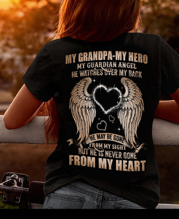 Personalized Memorial T-Shirt My Grandpa My Hero My Guardian Angel Custom Grandpa's Nickname Wings & Heart Printed Shirt