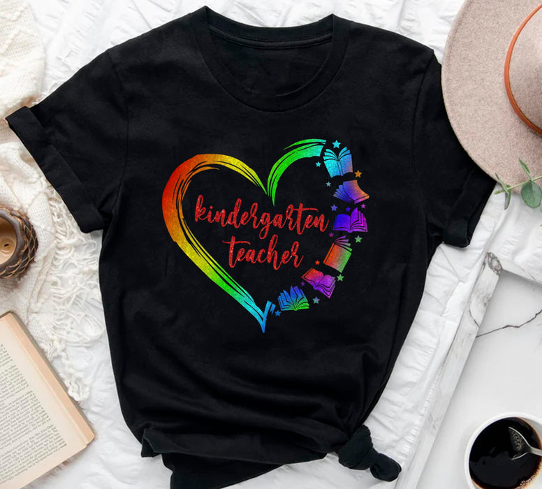 Personalized T-Shirt For Teacher Colorful Book Heart Kindergarten Teacher Custom Grade Shirt Gifts For Back To School