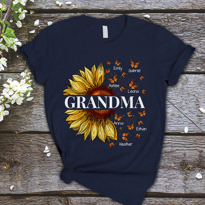 Personalized T-Shirt For Grandma Haft Of Sunflower & Butterfly Printed Monogram Design Custom Grandkids Name