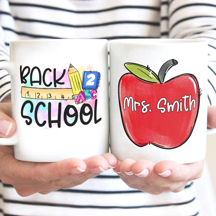 Personalized Ceramic Coffee Mug For Teacher School Stationary & Apple Print Custom Name 11 15oz Back To School Cup