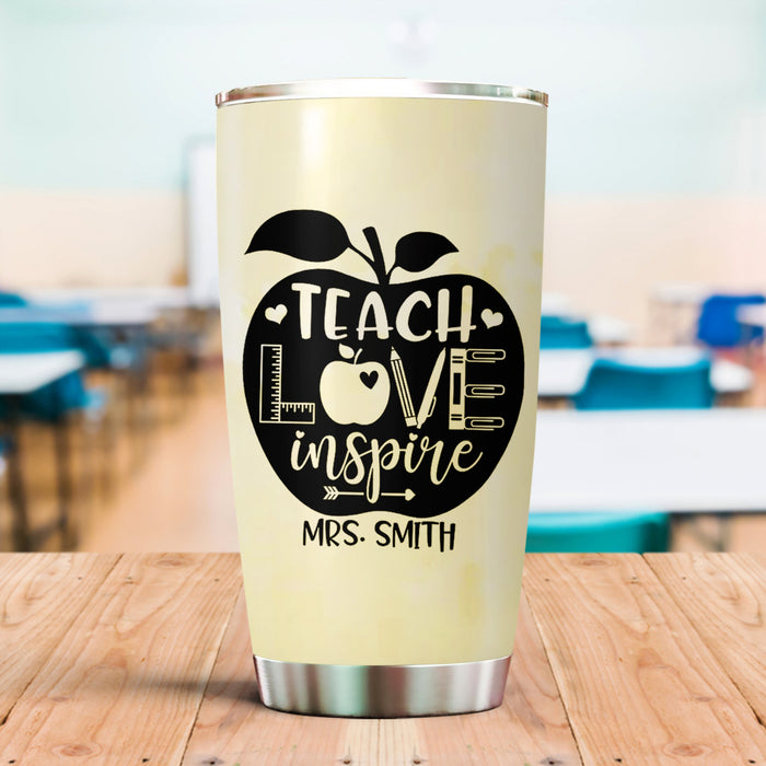 Personalized Tumbler For Teacher Apple Teach Love Inspire Yellow Theme 20oz Travel Cup Custom Name Back To School Gifts