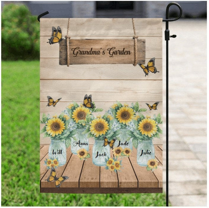 Personalized Garden Flag For Nana Grandma's Garden Sunflower Butterflies Custom Grandkids Name Welcome Flag Gifts